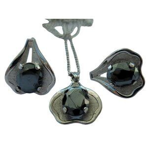 Vintage Van Dell Leaf Set Necklace & Screw-on Earrings Sterling Silver Hematite